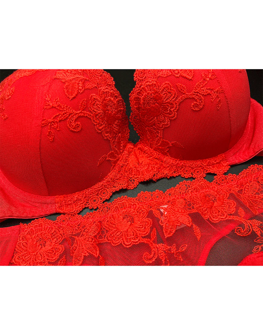 LIGHTLY PADDED WIRED FANCY BRA WITH MATCHING PANTY-RED