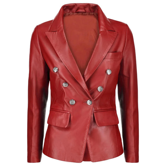 Double Breasted Red Leather Blazer Ladies Choice