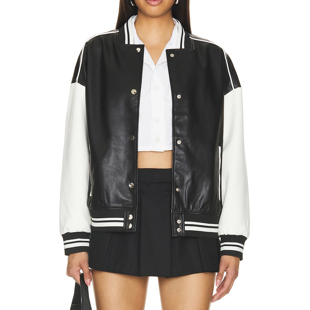 Black and White Varsity Bomber Leather Jacket Women’s