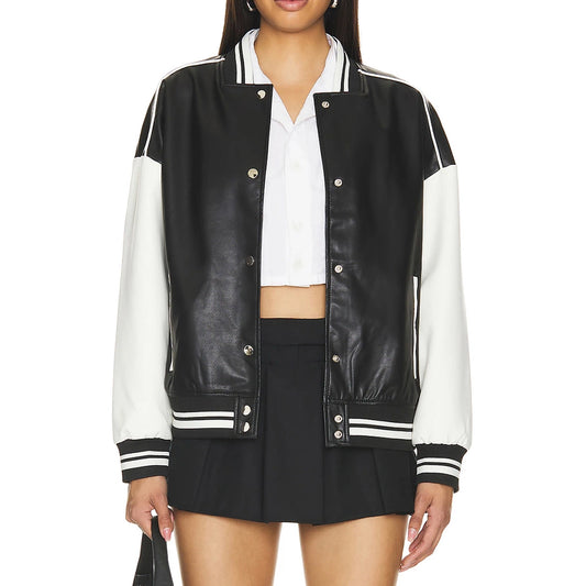 Black and White Varsity Bomber Leather Jacket Women’s