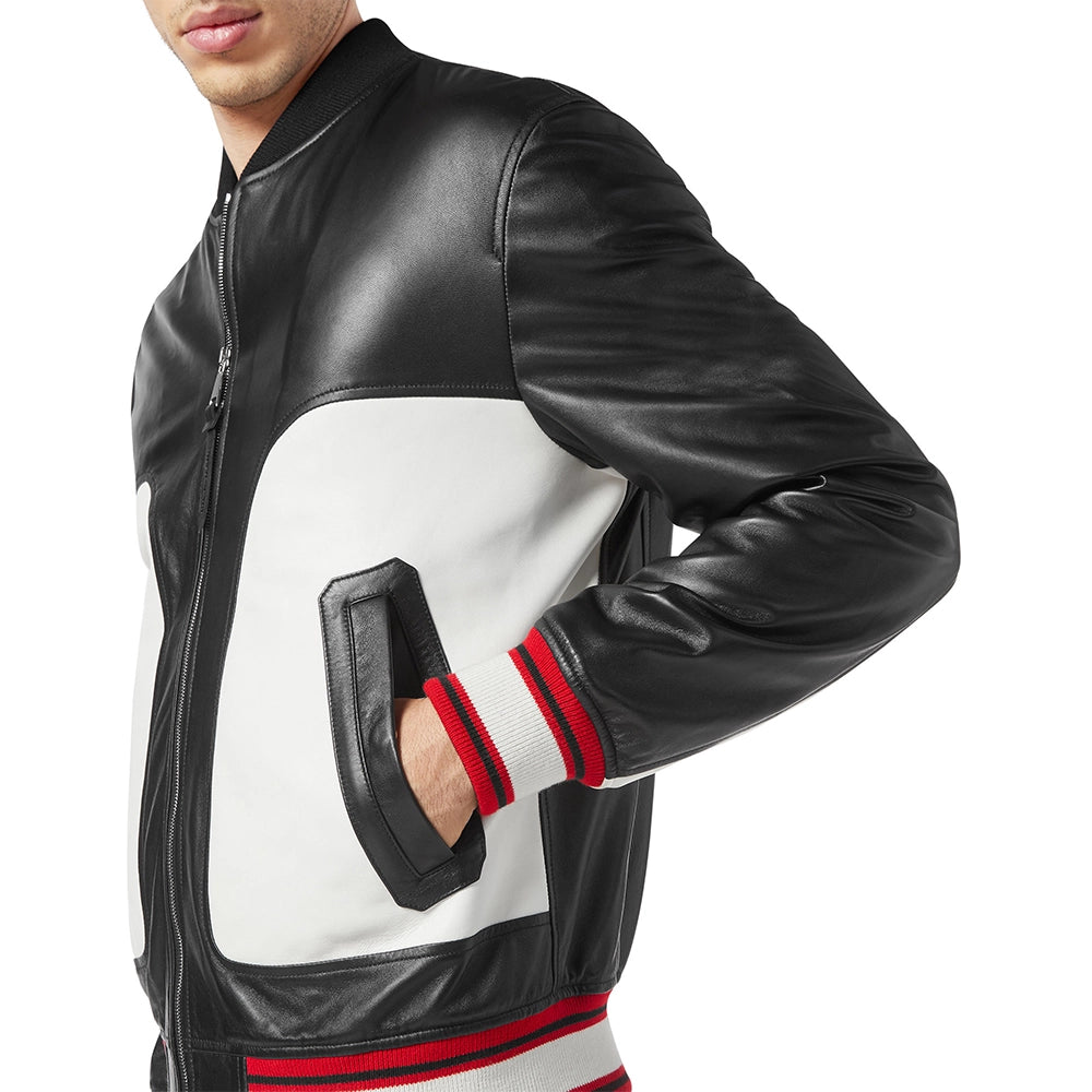 Men’s Black and White Leather Bomber Jacket