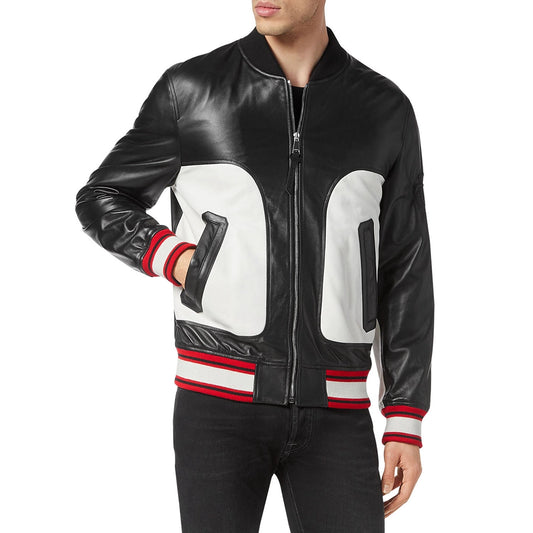 Men’s Black and White Leather Bomber Jacket