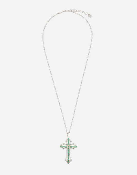 18-Carat Yellow & White Gold Cross Pendant with Emeralds and Diamonds