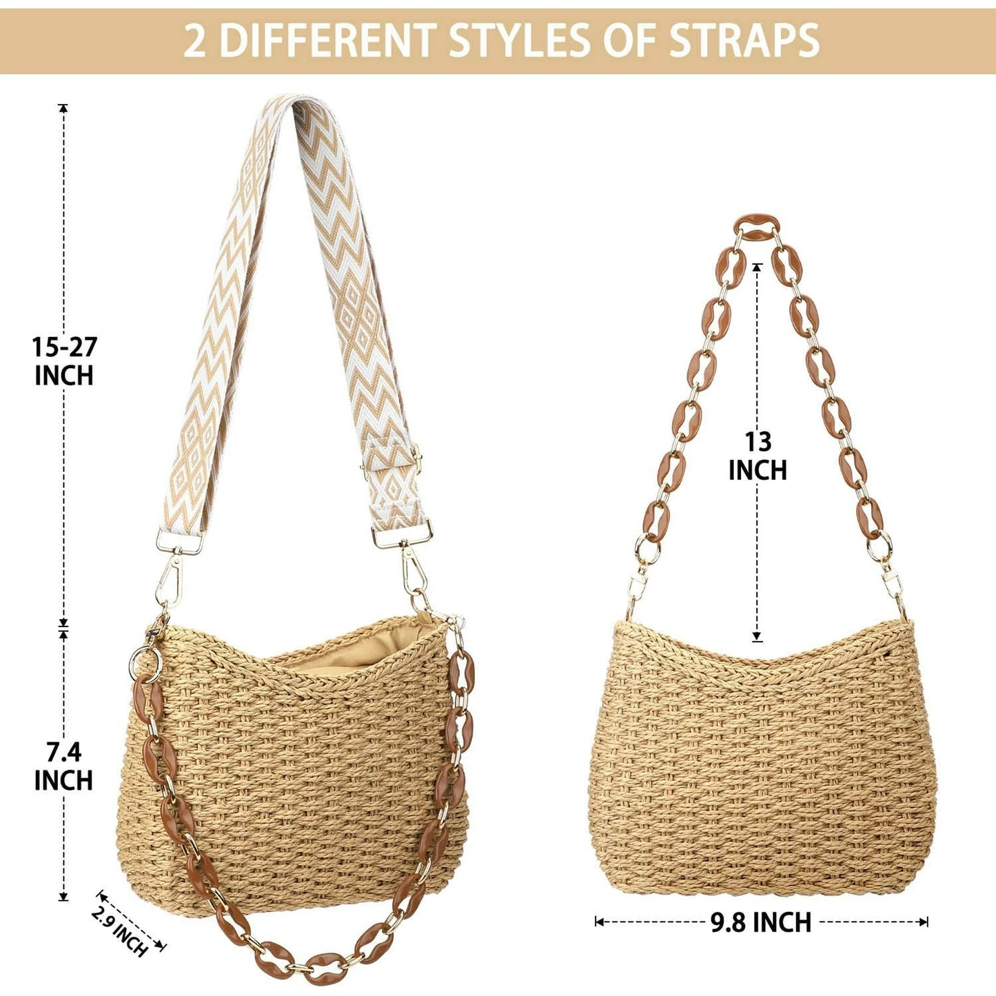 Gocvo Beach Straw Bags for Women, Summer Chic Woven Bag Classic Womens Straw Handbags Straw Crossbody Bag with Chain (Brown)