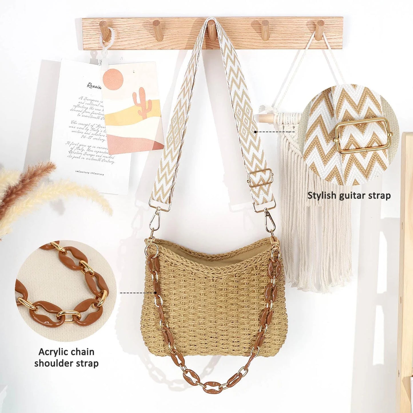 Gocvo Beach Straw Bags for Women, Summer Chic Woven Bag Classic Womens Straw Handbags Straw Crossbody Bag with Chain (Brown)