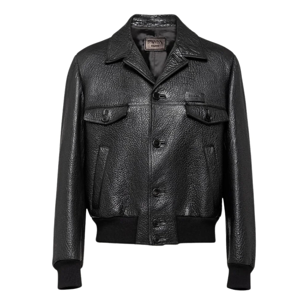 Black Textured Leather Trucker Jacket Womens
