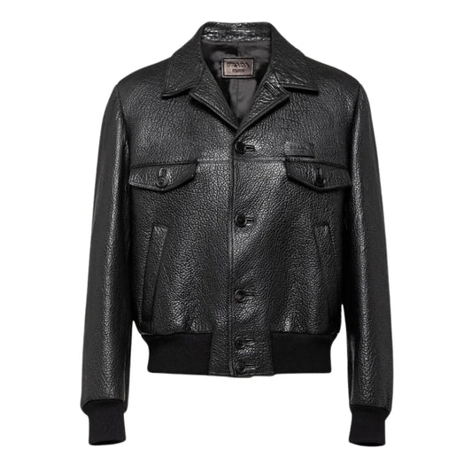 Black Textured Leather Trucker Jacket Womens