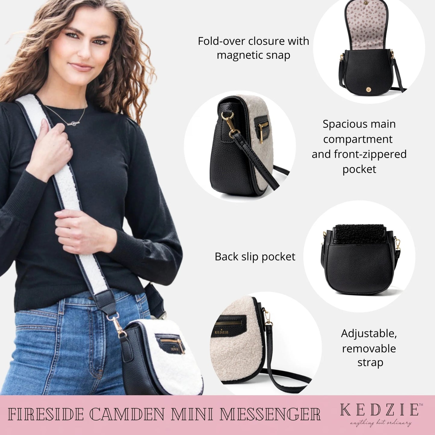 Kedzie Camden Fireside Crossbody Bag Vegan Leather Mini Messenger Handbag Shoulder Bag, Ivory (Women's)