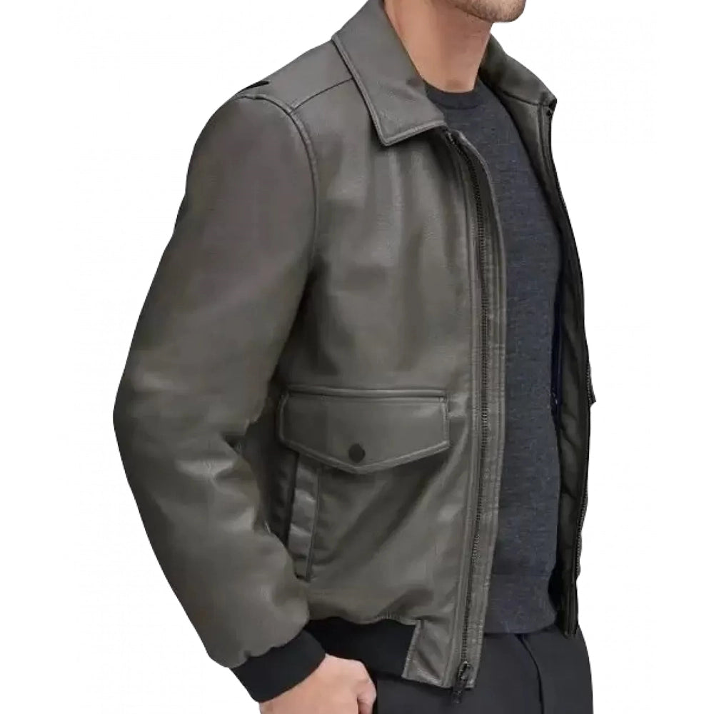 Men Classic Real Gray Bomber Leather Jacket