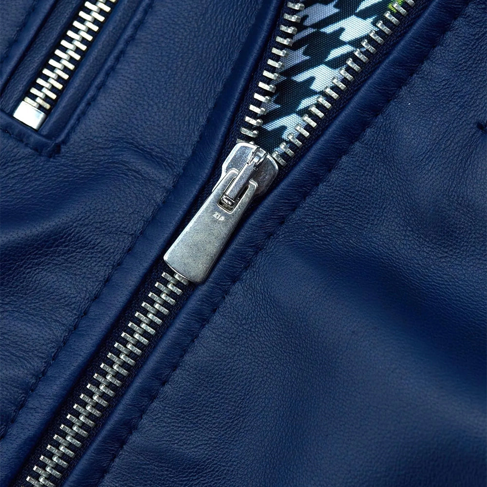 Women’s Navy Blue Genuine Leather Motorcycle Jacket