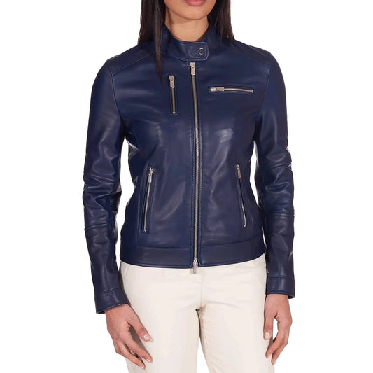 Women’s Navy Blue Genuine Leather Motorcycle Jacket
